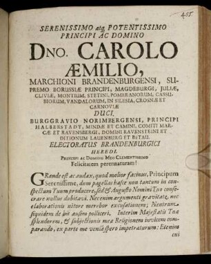 Serenissimo ... Dno. Carolo Aemilio, Marchioni Brandenburgensi ...