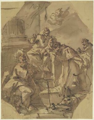 Thronende Madonna mit Kind mit drei Heiligen, unter ihnen Antonius Abbas