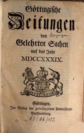 Göttingische Zeitungen von gelehrten Sachen : auf das Jahr .... 1739, 1739