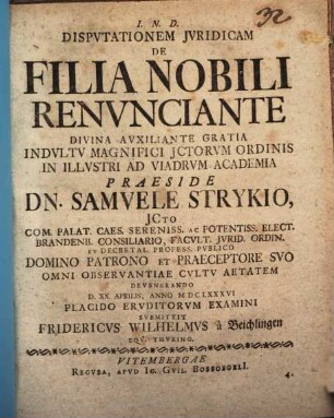Disp. iur. de filia nobili renunciante