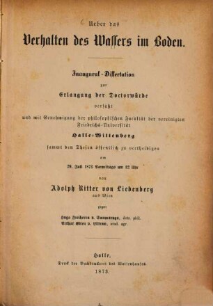Ueber das Verhalten des Wassers im Boden : Inaugural-Dissertation