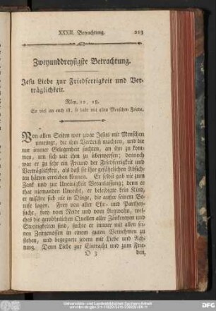 Zweyunddreysigste Betrachtung. Jesu Liebe zur Friedfertigkeit und Verträglichkeit.