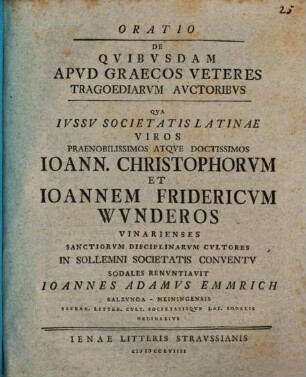 Oratio de quibusdam apud Graecos veteres tragoediarum auctoribus