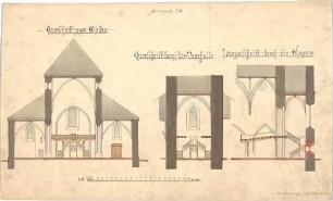 Dolmetsch, Heinrich; Geislingen / Steige; Ev. Stadtkirche, Restaurierung - Westseite u. Turnhalle (Querschnitte); Empore (Längsschnitt)