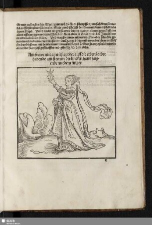 Ain frawe mit aim schlayr der auff die erden zotdet habende ain stern in der lincken hand zaigende mit dem finger: