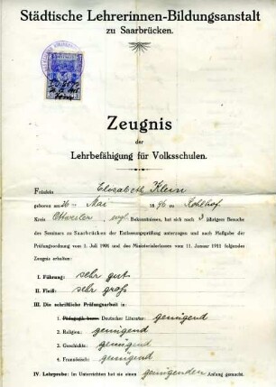 Zeugnis der Lehrbefähigung für Volksschulen