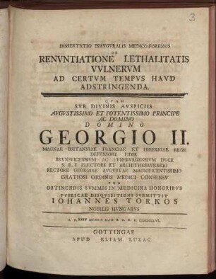 Dissertatio Inauguralis Medico-Forensis De Renuntiatione Lethalitatis Vulnerum Ad Certum Tempus Haud Adstringenda : A. D. XXIV Memsis Maii A. O. R. S. MDCCLVI.