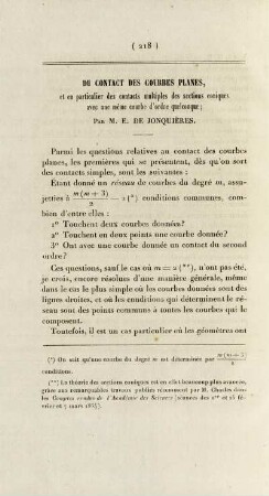 Du contact des courbes planes, et en particulier des contacts multiples des sections coniques avec une mème courbe d'ordre quelconque.