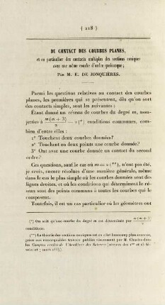 Du contact des courbes planes, et en particulier des contacts multiples des sections coniques avec une mème courbe d'ordre quelconque.