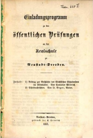 Einladungsprogramm zu den öffentlichen Prüfungen an der Realschule zu Neustadt-Dresden. 1856/57