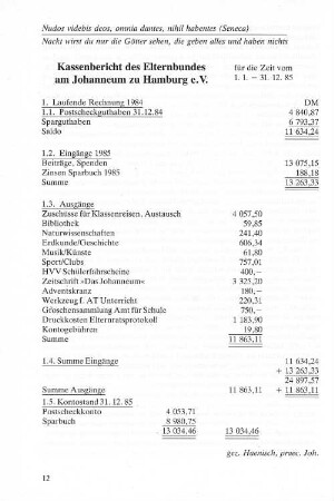 Kassenbericht des Elternbundes am Johanneum zu Hamburg e. V.