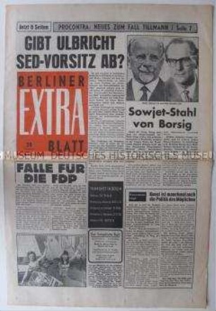 Linke Boulevard-Zeitung "Berliner Extra Blatt" u.a. mit Spekulationen um den Rücktritt von Walter Ulbricht als SED-Chef und über den Ost-Berliner Tierpark