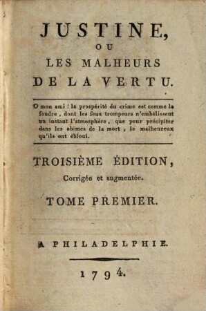 Justine ou les malheurs de la vertu, 1. - 288 S. : 4 Ill.