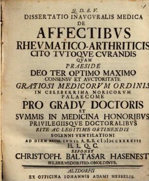 Dissertatio inavgvrale medica De affectibvs rhevmatico-arthriticis cito tvtoqve cvrandis