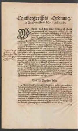 Chammergerichts Ordnung/ zu Augspurg Anno 1500. auffgericht.
