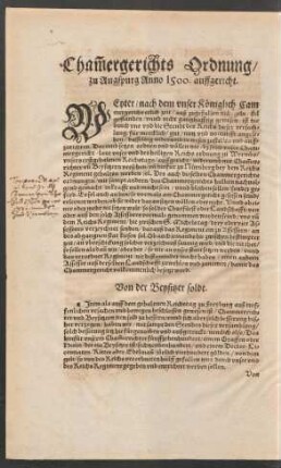 Chammergerichts Ordnung/ zu Augspurg Anno 1500. auffgericht.