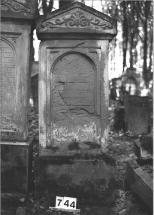 Grabstein 744 (Index: 99900407) Material: Sandstein Zustand: größtenteils stark verwittert Maße HxBxT: 164x55x19 cm Beschreibung: aufgesockelte Stele mit Giebelaufsatz, im Giebelfeld Ranken mit Voluten und Palmette Symbolik: Ranken, Voluten, Palmette: Grabstein 744