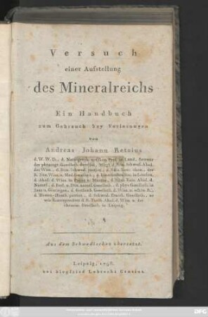 Versuch einer Aufstellung des Mineralreichs : Ein Handbuch zum Gebrauch bey Vorlesungen