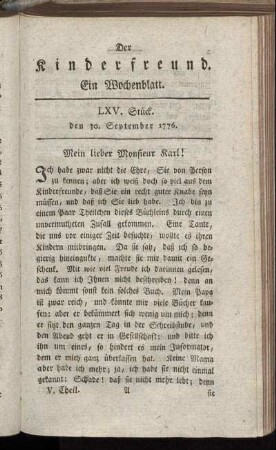 LXV. Stück den 30. September 1776