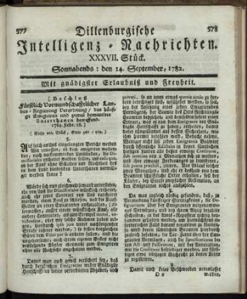 XXXVII. Stück. Sonnabends : den 14. September, 1782.