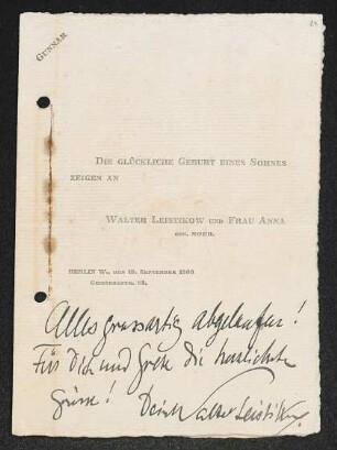 Brief von Walter Leistikow und Anna Leistikow an Gerhart Hauptmann und Margarete Hauptmann
