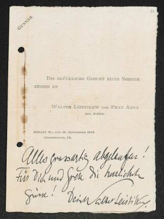 Brief von Walter Leistikow und Anna Leistikow an Gerhart Hauptmann und Margarete Hauptmann