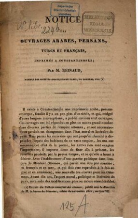 Notice des ouvrages arabes, persans, turcs et français, imprimés à Constantinople