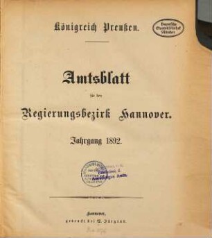 Amtsblatt für den Regierungsbezirk Hannover. 1892