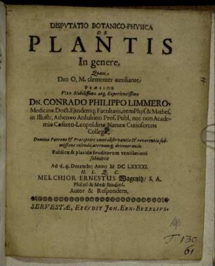 Disputatio Botanico-Physica De Plantis In genere