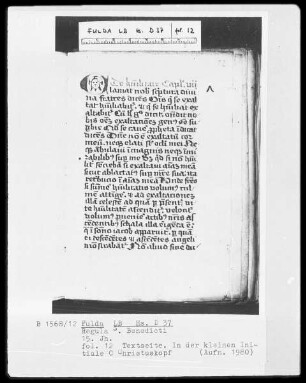 Regula Sancti Benedicti — Kleine Initiale C, darin Christuskopf, Folio 12recto