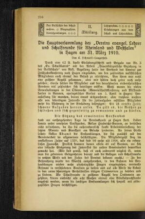 ¬Die¬ Hauptversammlung des "Vereins evangel. Lehrer und Schulfreunde für Rheinland und Westfalen" in Hagen am 31. März 1910
