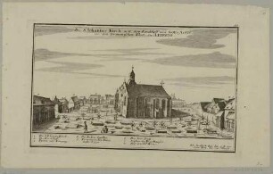 Die Johanniskirche inmitten des umgebenden Friedhofes im Osten von Leipzig mit Grufthäusern, unten eine Legende, aus Bodenehrs Europens Pracht und Macht: Prospekte, um 1720
