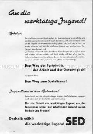 Aufruf der SED an die werktätigen Jugendlichen, bei den Gemeindewahlen 1946 ihre Kandidaten zu wählen