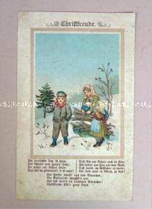 Kinder mit Tannenbäumchen sammeln Holz im Schnee
