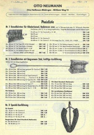 Preisliste der Fa. Otto Neumann, Böckingen über Kesselbürsten