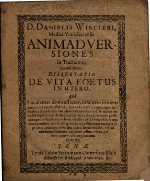 Animadversiones in tractatum, qui inscribitur: Dissertatio de vita foetus in utero
