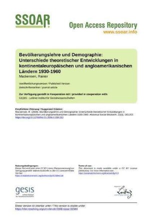 Bevölkerungslehre und Demographie: Unterschiede theoretischer Entwicklungen in kontinentaleuropäischen und angloamerikanischen Ländern 1930-1960