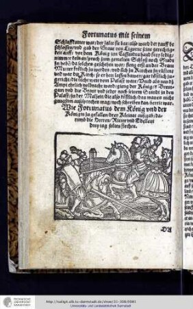 Wie Fortunatus dem Koenig vnd der Koenigin zu gefallen drey Kleinat auszgab, darumb die Herren, Ritter vnd Edelleut drey tag solten stechen. (Bl. 39 verso - 41 recto)