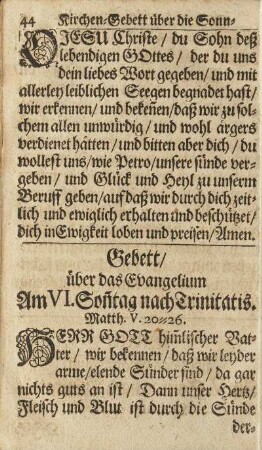 Gebett/ über das Evangelium Am VI. Sonntag nach Trinitatis/ ...