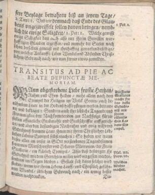 Transitus Ad Pie Ac Beate Defunctæ Memoriam.