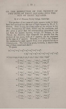 On the resolution of the product of two sums of eight squares into the sum of eight squares.