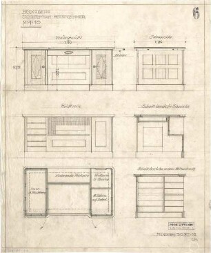 Littmann, Max; Bocksberg; Hofgut, Landhaus - Schreibtisch im Herrenzimmer (Grundriss,Ansichten, Schnitte)