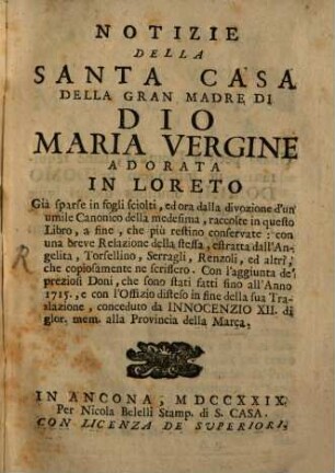 Notizie della Santa Casa della Madre di Dio Maria Vergine in Loreto