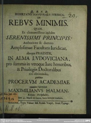 Dissertatio Inauguralis Iuridica De Rebus Minimis