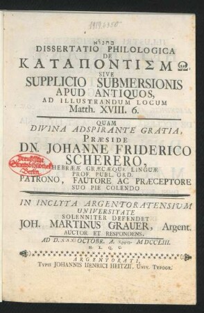 Dissertatio Philologica De Kataponismo Sive Supplicio Submersionis Apud Antiquos, Ad Illustrandum Locum Matth. XVIII. 6.