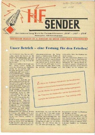 Betriebszeitung HF-Sender, Sonderausgabe vom Oktober 1950