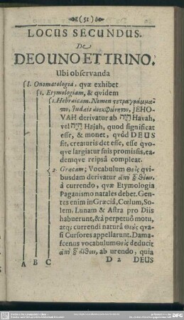 Locus Secundus. De Deo Uno Et Trino