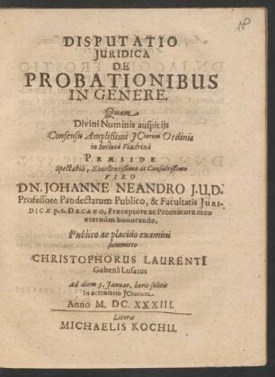 Disputatio Iuridica De Probationibus In Genere