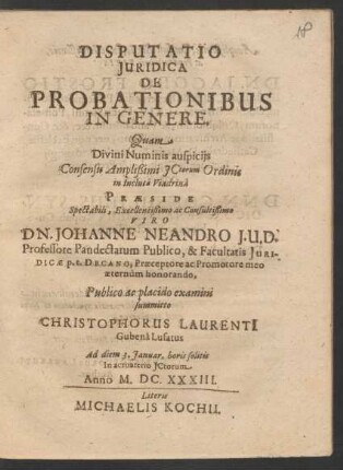 Disputatio Iuridica De Probationibus In Genere
