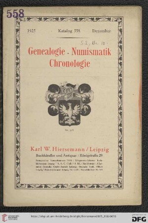 Nr. 558: Katalog: Genealogie, Numismatik, Chronologie